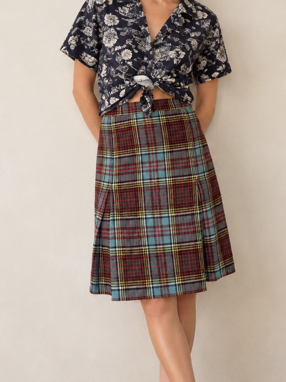 Vintage Wool Plaid School Girl Tartan Plaid Pleated Flare Lined Midi Skirt Sz 6